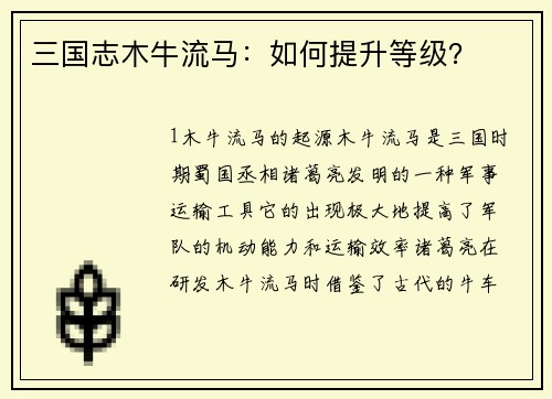 三国志木牛流马：如何提升等级？