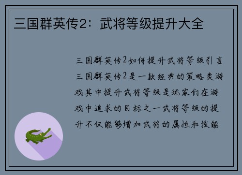 三国群英传2：武将等级提升大全